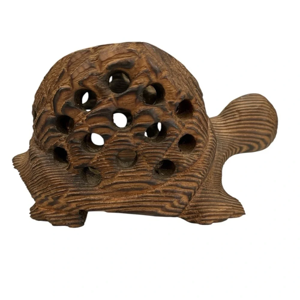 Vintage Hand Carved Wood Turtle Tea Light Holder Decor Shelf Sitter